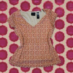 Y2K coral & cream babydoll top with scalloped edges and cap sleeves